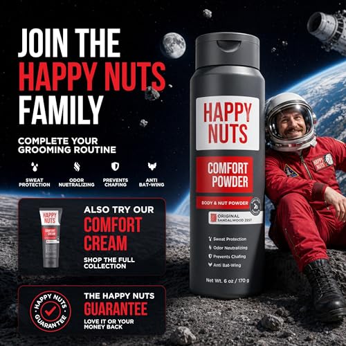 HAPPY NUTS Comfort Powder Deodorant For Men: Anti-Chafing, Sweat and Odor Control for Jock Itch, Aluminum-Free, 6 oz (1 Pack), Original Scent