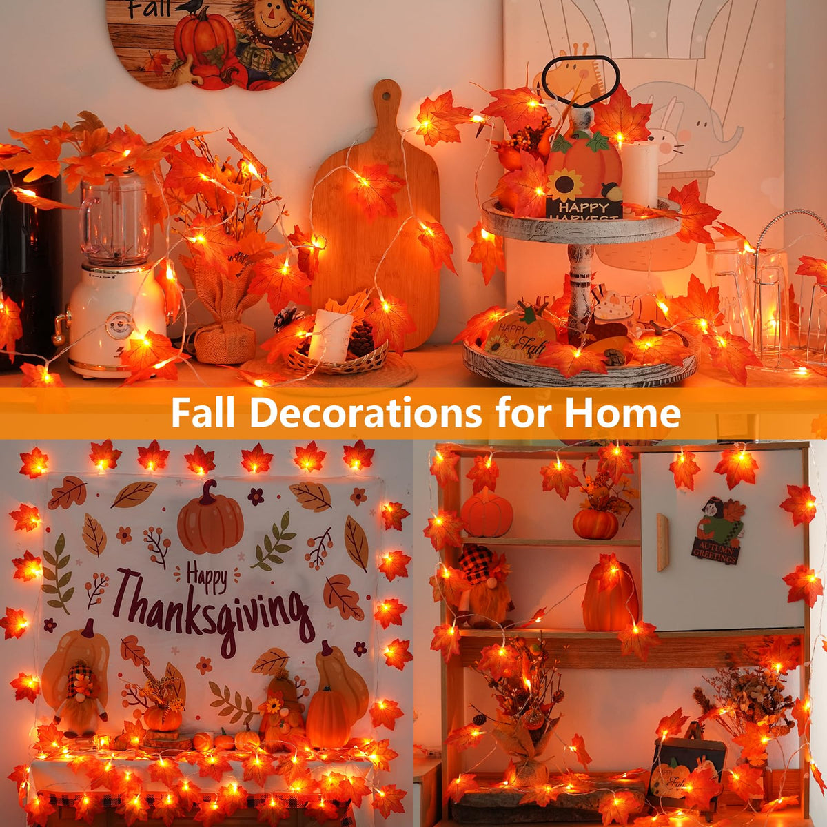 YEGUO 2 Packs Fall Lights Battery Operated, Total 20ft 40 LED Lighted Fall Garland Maple Leaves for Holiday Autumn Harvest Fall Thanksgiving Halloween Decor