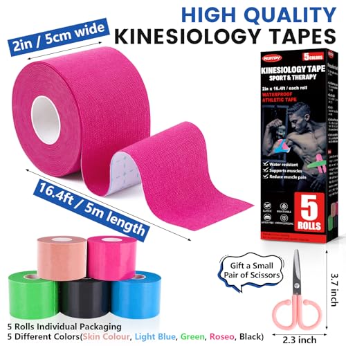 5 Rolls Kinesiology Tape, 5 Colors 2 inch x 16.4 Feet Waterproof Athletic Tape, Uncut Kinetic Tape, Elastic Muscle Tape, Sports Tape, Knee Tape for Exercise and Daily Use