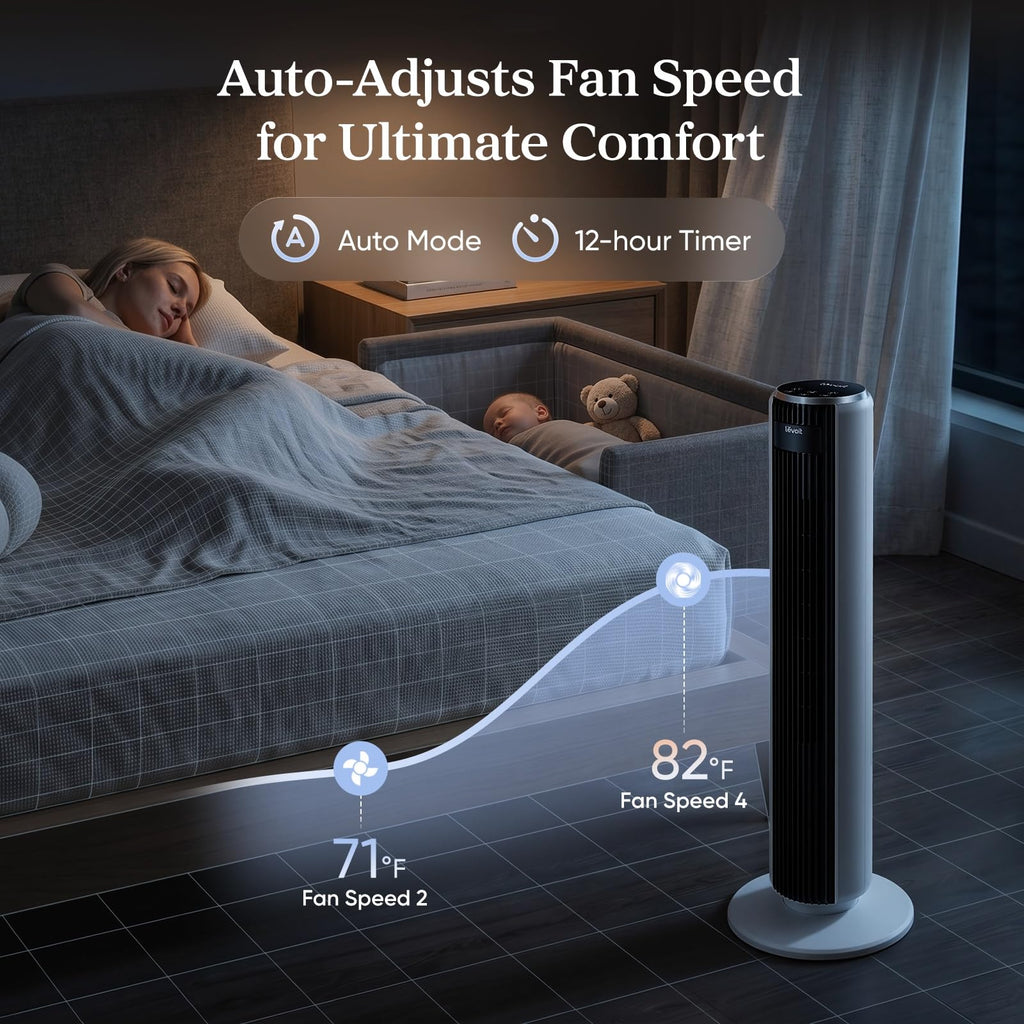 Levoit Tower Fan for Bedroom, 28ft/s Fans that Blow Cold Air, 28dB Quiet | Standing Floor Fan for Room, 90° Oscillating, 5 Speeds 4 Modes & Temp Sensor, Bladeless, 12H Timer, Remote, 36 inch, White