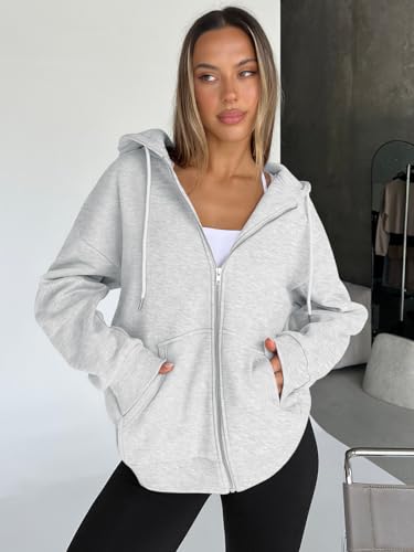 Trendy Queen Womens Oversized Zip Up Hoodies Y2K Fall Sweatshirts 2026 | Cute Fashion Lightweight Jacket with Pockets, Casual Fall Outfits, Cozy Winter Coats, Everyday Layering and Travel Clothes