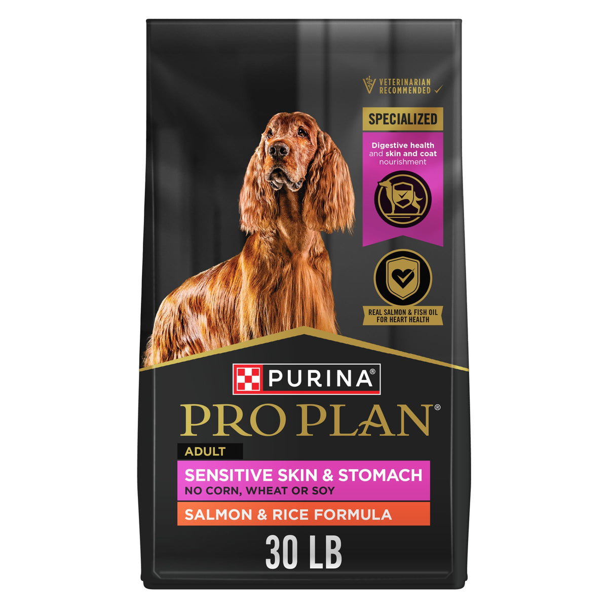 Purina Pro Plan Sensitive Skin & Stomach Dry Dog Food, Salmon, 30 lb Bag | Real Salmon & Rice Formula, with prebiotic fiber, easily digestible with omega-6 fatty acids for a healthy skin and coat