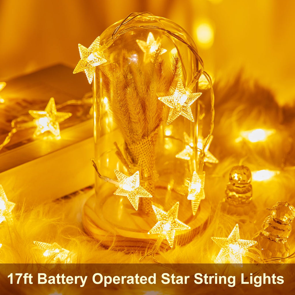 Minetom 50 LED Star String Lights, 17ft Fairy Lights Battery Operated | Star Lights with Timer, Waterproof for Indoor Outdoor Bedroom Tent Loft Bed Patio Party Wedding Christmas Decor, Warm White