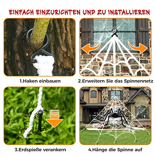 Halloween Decorations Outdoor Spider Webs:1Pcs Giant Spiders-Outdoor Use | 200'' Triangular Web with Hook-Stretch Web and Ground Stakes for Large Halloween Decor and Haunted House Decoration(4.1FT)
