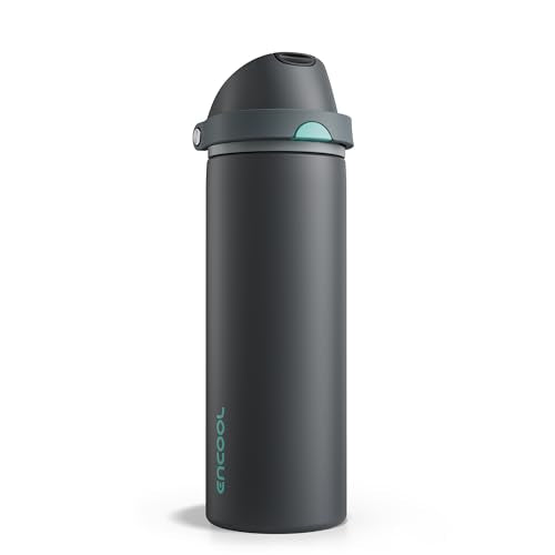 Insulated Water Bottle with Straw - Encool Stainless Steel Water Bottle with Push Button Lid, Leak-Proof & BPA-Free, Keeps Cold for 24 Hours for Sports, Travel, Gym (24 oz, Tuna Grey-Green)