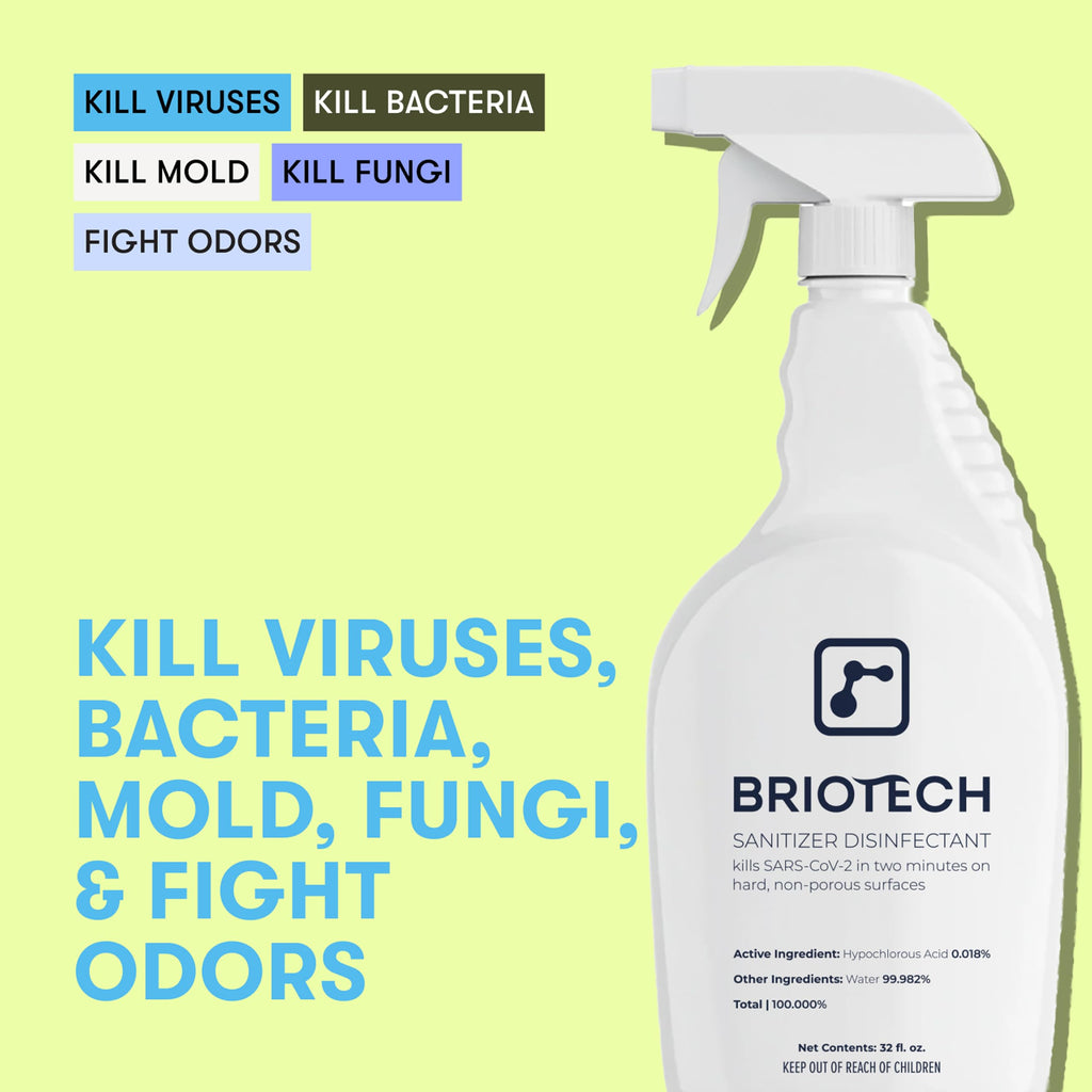 BRIOTECH Sanitizer Disinfectant, Hypochlorous Acid, 32 oz | Kills 99.99% of viruses, bacteria, control mold, eliminates odor, gentle for nursery, play rooms, food contact surfaces