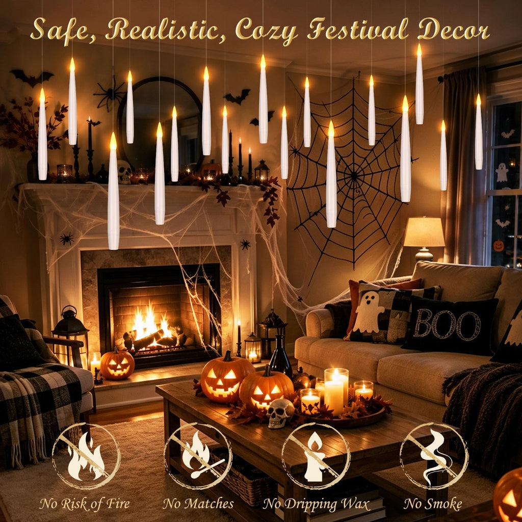 Palmatte 20P Floating Candles with Wand Timer Halloween Decorations Indoor | Upgraded Hanging Floating Candles Battery Operated, Flameless Candles with Remote, Halloween Decor Birthday Party Decorations
