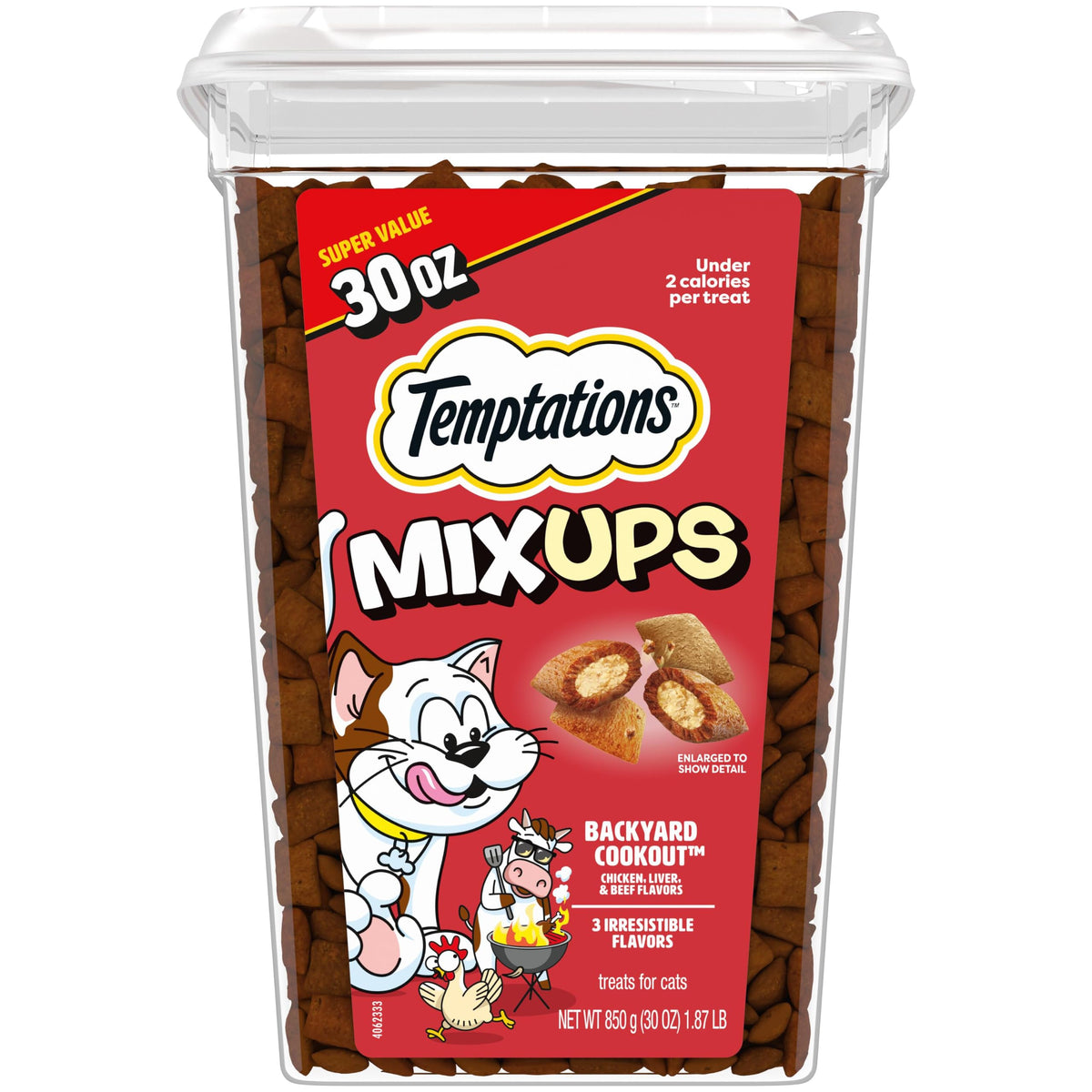 Temptations MixUps Crunchy and Soft Cat Treats, Cookout Flavor, 30 oz | Chicken, liver & beef flavors, under 2 calories per treat, 100% complete & balanced for adult cats, resealable stay-fresh tub
