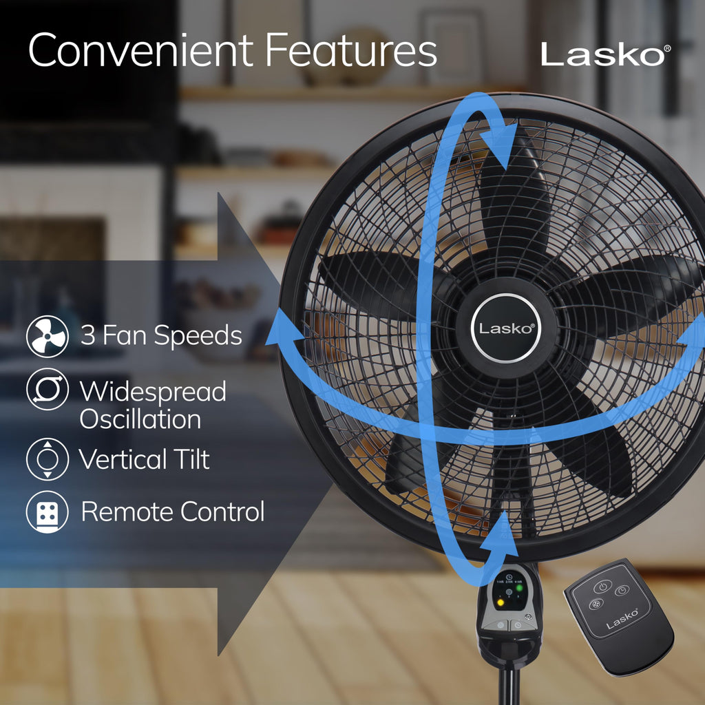 Lasko Cyclone Oscillating Pedestal Fan - Adjustable to 54" - 1843 - Black | Remote Control, Cooling Standing Fan for Bedroom, Living Room, and Home Office, 18" Blade Diameter, 3 Quiet Speeds