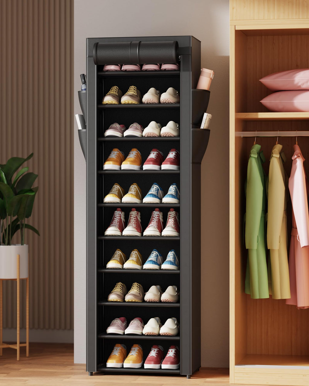 Kitsure 10-Tier Shoe Rack with Cover, Vertical Shelf, 17.5" Wide, Black | Space Saving Shoe Storage with Side Pocket, Shoe Organizer for Closet, Entryway, Bedroom, Zapateras Cabinet