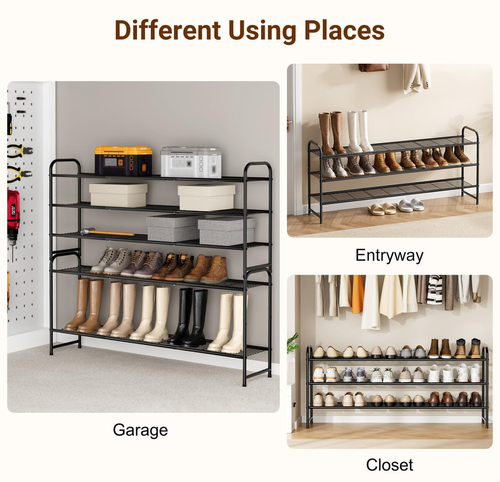 KEETDY 3-Tier Long Shoe Rack for Closet Metal Shoe Organizer for Entryway, Wide Stackable Shoe Storage Shelf with Sturdy Wire Grid for Closet Floor, Bedroom, Black