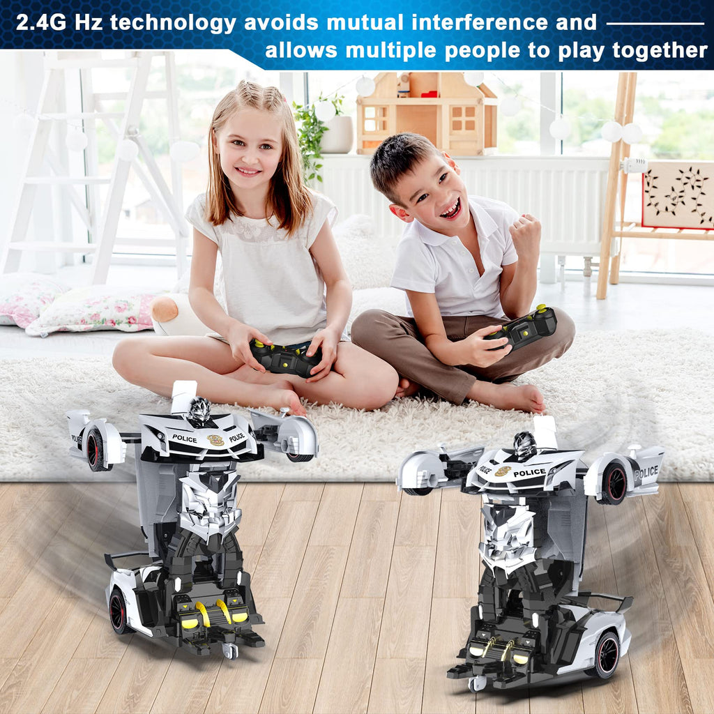 FDJ Remote Control Car - Transform Toys Car Robot, One Button Deformation to Robot with Flashing Light, 2.4Ghz 1:18 Scale Transforming Police Car Kids Toys with 360 Degree Rotating, Girls Boys Toys