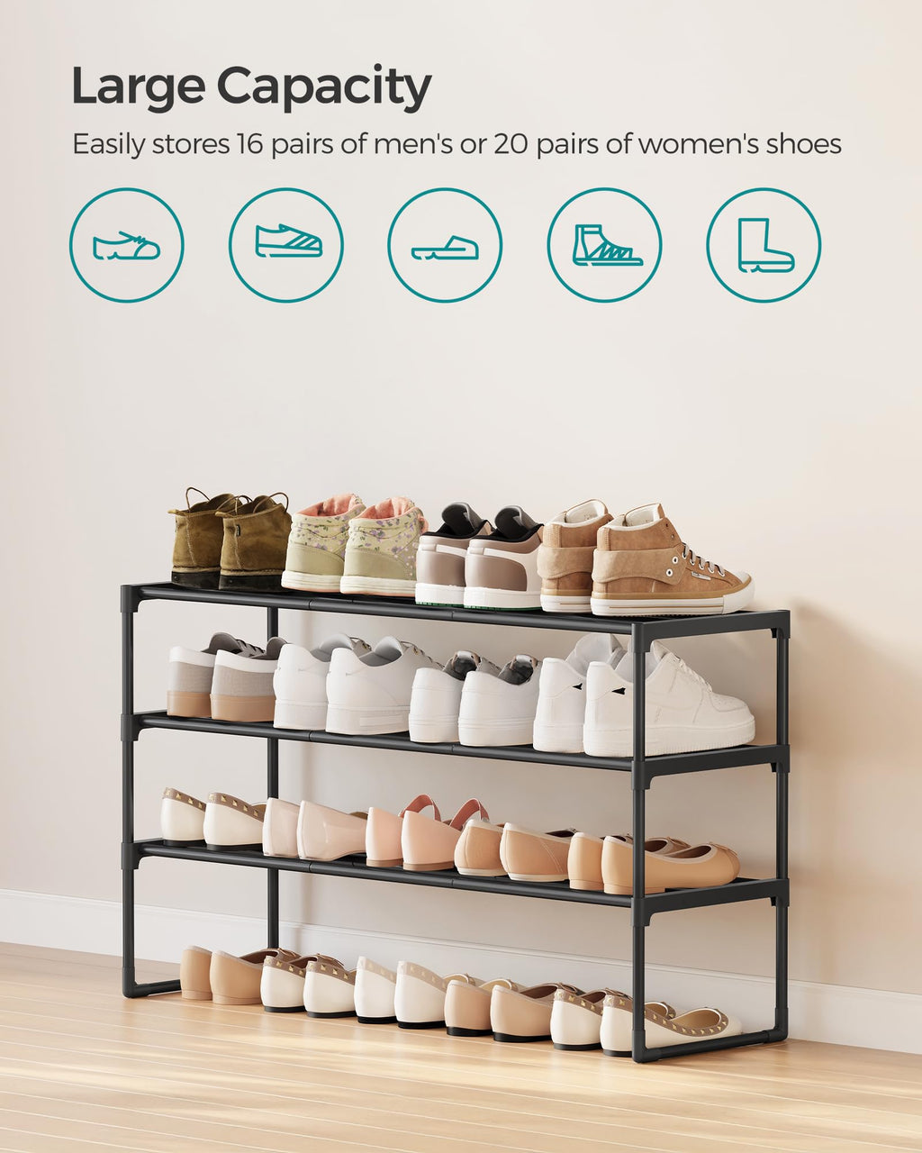 SONGMICS Shoe Rack, 3-Tier Shoe Organizer, Metal Storage Shelf | for Entryway, Upright or Upside Down, for 16-20 Pairs, Stackable, 11.8 x 36.2 x 21.7 Inches, Black ULSA303B02