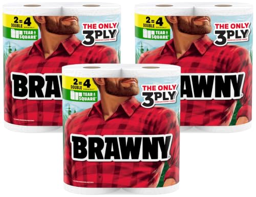 Brawny Tear-A-Square 3-Ply Paper Towels, 6 Double Rolls = 12 Regular Rolls (3 Packs of 2)