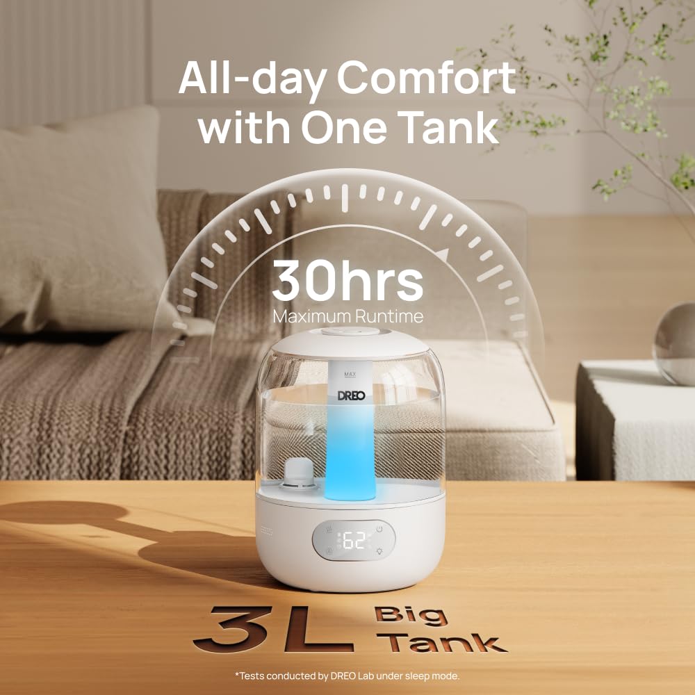 DREO 3L Humidifiers for Bedroom, 30H Runtime, 26 dB Quiet, New Edition | Easy to Refill & Clean, Precise Humidity Control, Night light, Cool Mist Air Humidifier for Large Room, Baby Nursery
