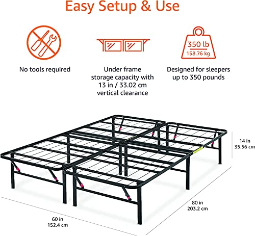 Amazon Basics Bed Frame with Storage, Foldable Metal Platform, Sturdy Steel, No Box Spring Needed, 14-inch High, Tool-Free Setup, Noise Free, Easy Assembly, Queen Size, Black