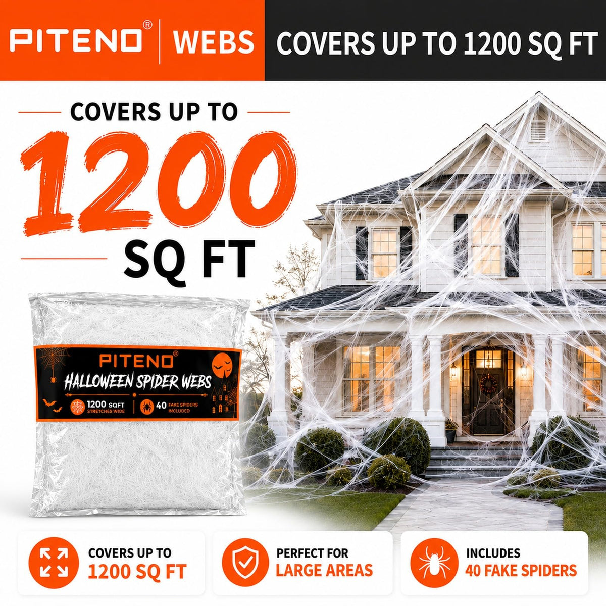 Piteno® 1200 sqft Spider Webs Halloween Decorations with 40 Fake Spiders, Stretchable Halloween Spider Webs for Indoor Outdoor Haunted House Yard Porch Party Decor (White)