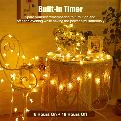 Minetom 50 LED Star String Lights, 17ft Fairy Lights Battery Operated | Star Lights with Timer, Waterproof for Indoor Outdoor Bedroom Tent Loft Bed Patio Party Wedding Christmas Decor, Warm White