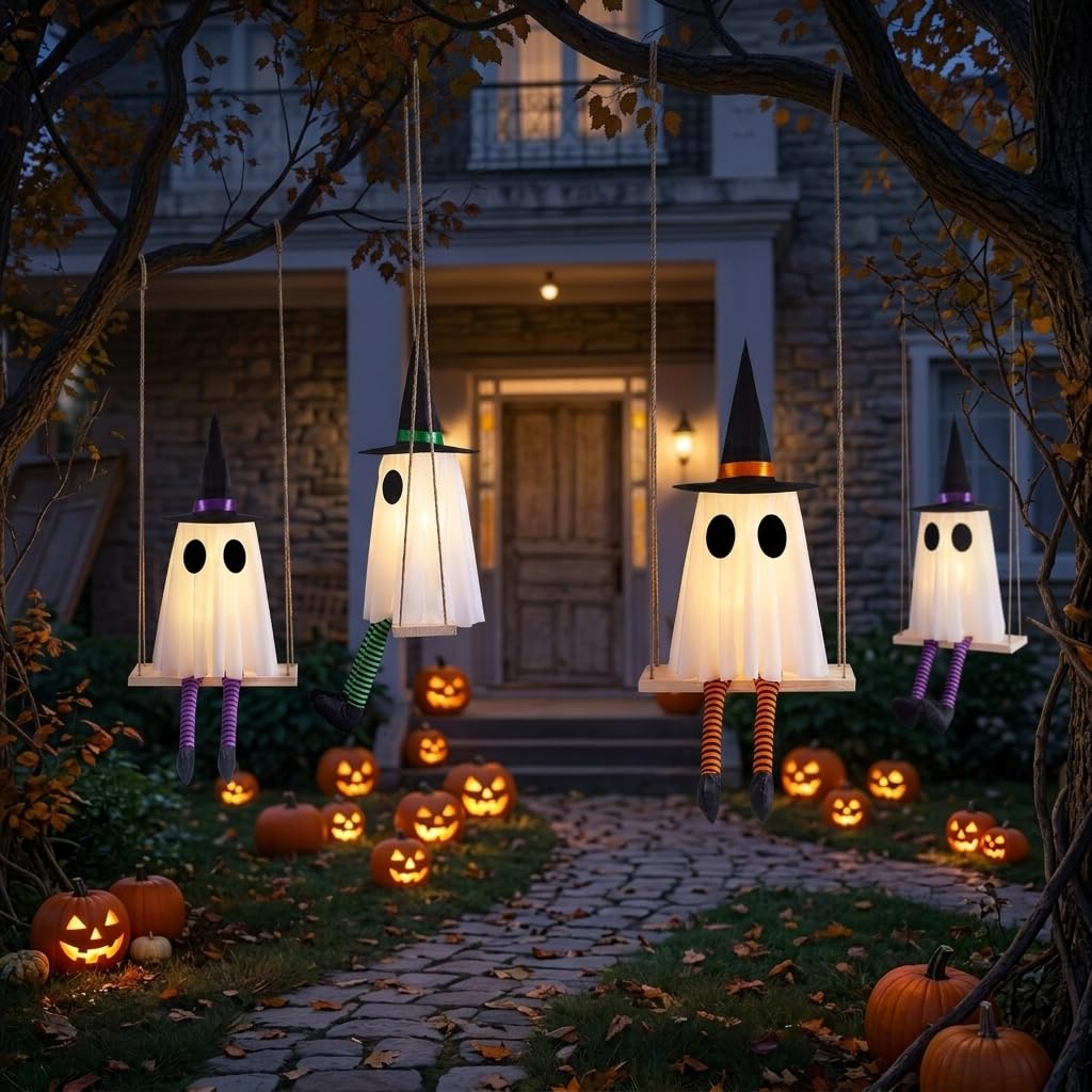 Halloween Swinging Ghost Outdoor Decor, Spooky Hanging Ghosts Decorations | Set of 3, Timer Function, Remote Control, Unique Ghost & Witch Fusion Design, Solid Wood, 29.5Inches Height