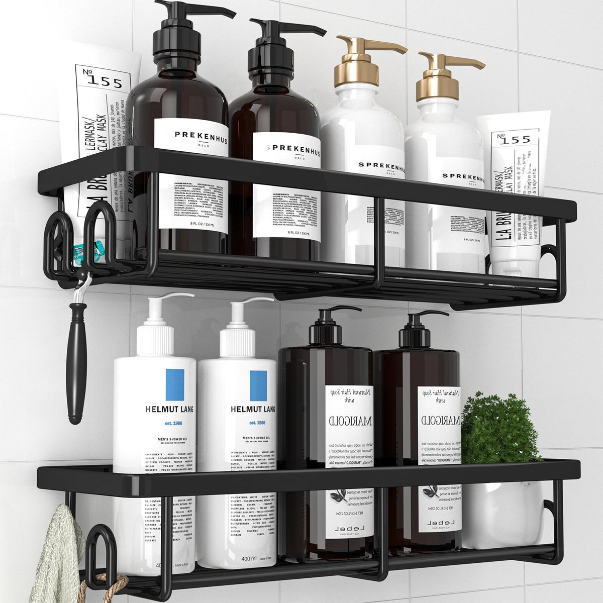 Kitsure Shower Caddy, Minimalist Style Bathroom Shelves, Large, Black | 2 Pack Rustproof Wall-Mounted Shower Shelves, No Drilling Adhesive, Large Capacity Bathroom Organizer, Durable & Easy Install