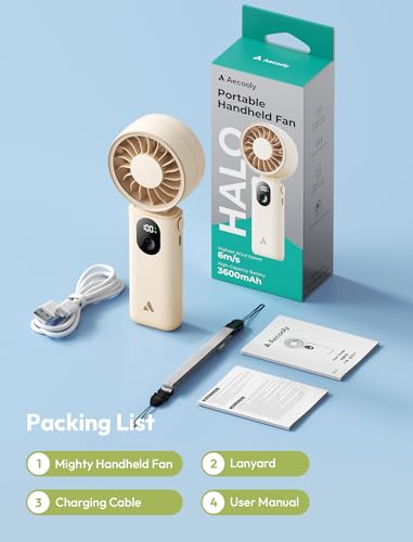 Aecooly Mighty Portable Handheld Fan | 20H Max Cooling | 3 Flexible Modes | 5 Speeds Wind | Battery Level Display | Mini USB Rechargeable Personal Battery Powered Fan Travel Gifts for Women -Beige