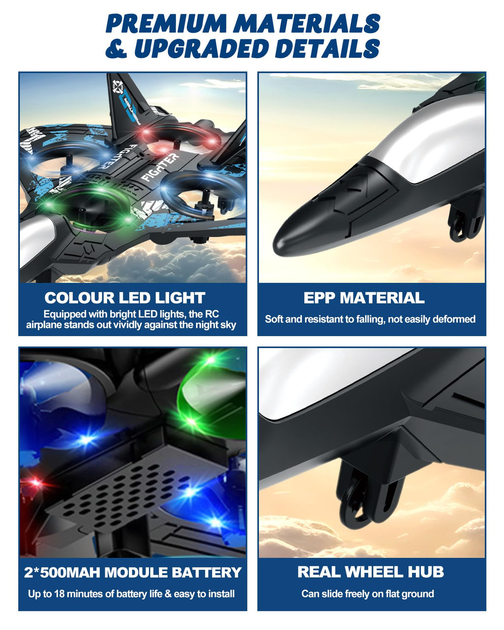 JoyRapt Drones for Kids Foam RC Plane, Remote Control Airplane | Toys Gifts for 6 8 10 Years Old Boys, Jet Helicopter Drones with LED Lights 360° Flip, 2 Rechargeable Batteries