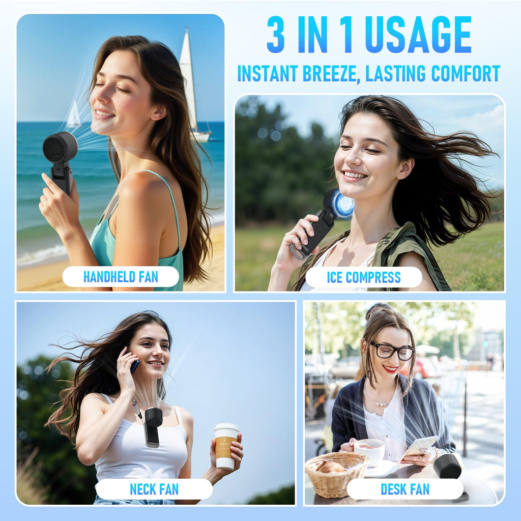 PlayHot Portable Handheld Cooling Fan, Travel Essentials, Gifts for Women | Instant Cooling, 10m/s Airflow, 5-Speed, 10H Max, USB-C Rechargeable, LED Display, 3-in-1 Foldable for Cruise, Beach Vacation