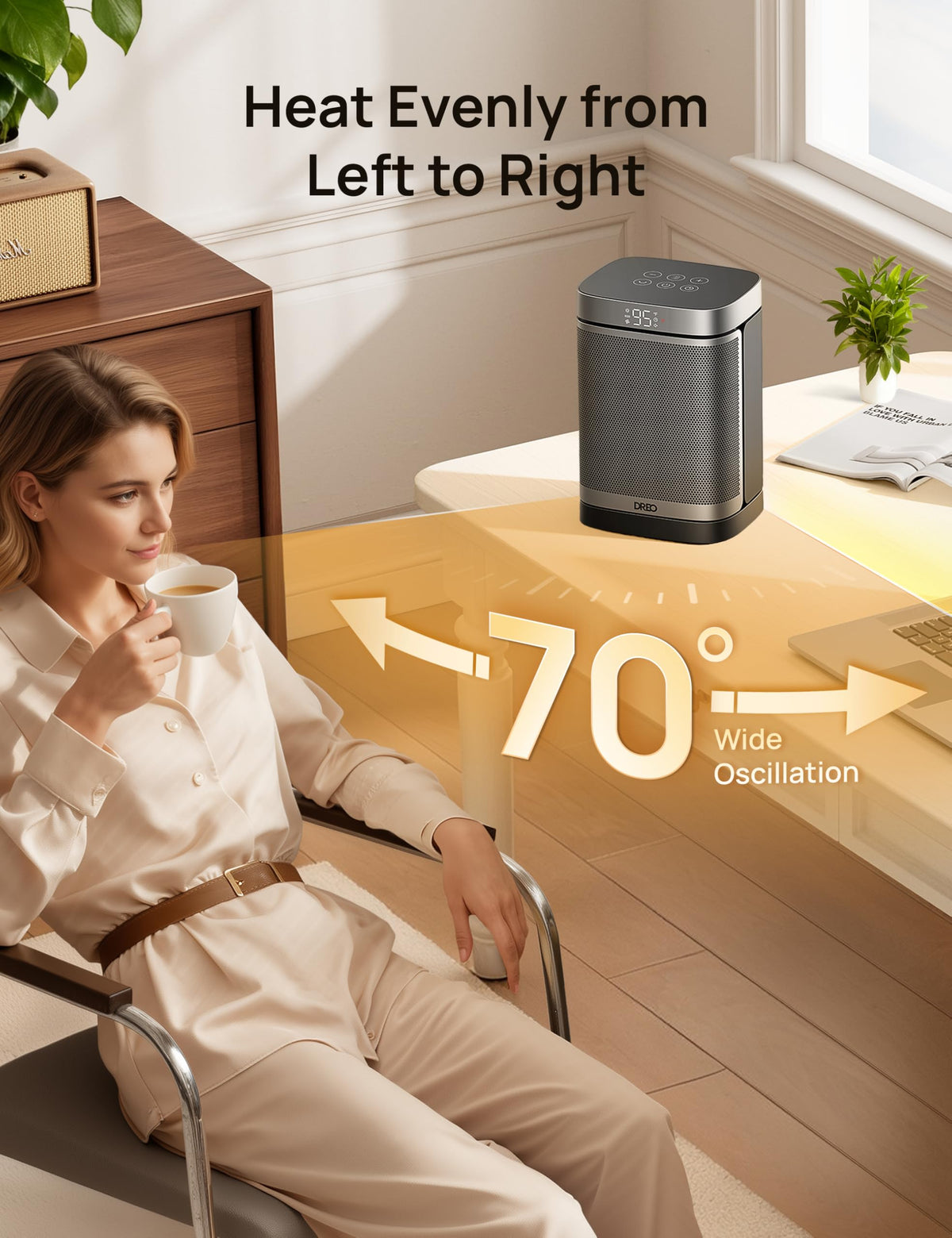 DREO Space Heater, Portable Electric Heaters for Indoor Use with Thermostat | 70°Oscillation, Remote, ECO, 12H Timer, 5 Modes, Safe Quiet Room Heater for Bedroom, 1500W PTC Ceramic Heater for Office