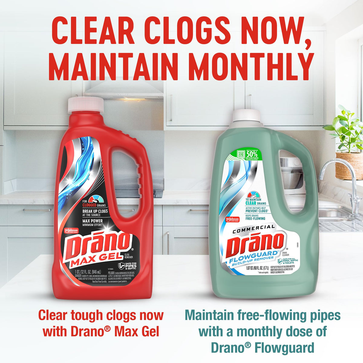 Drano Max Gel Drain Clog Remover & Cleaner, Safe for All Pipes/Septic, 32oz | Works on Tough Hair, Grease, Soap & Food Clogs, Cuts Through Standing Water, Protects Against Pipe Corrosion, Kitchen & Bath