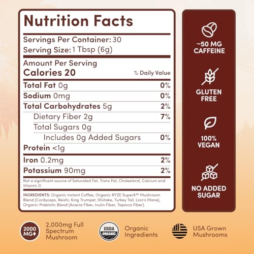 RYZE Organic Mushroom Coffee, Medium Roast, Adaptogenic Blend, 30 Servings | 6 Adaptogenic Mushrooms including Lion's Mane, Turkey Tail & Cordyceps, Made with Organic Coffee, Gluten Free, Vegan