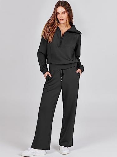 ANRABESS Women 2 Piece Set Sweatsuits Lounge Fall Outfits | Quarter Zip Pullover Wide Leg Pants & Pockets Matching Set,Casual Travel Fashion Airport Vacation Clothing,Sweat Track Suits