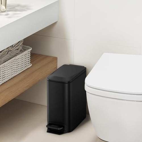 Cesun Small Bathroom Trash Can with Lid, 1.6 Gal, Soft Close, Matte Black | Step pedal soft close, Slim 5.9in fits narrow spaces, Stainless steel, Anti-fingerprint, Removable inner bucket, Odor seal