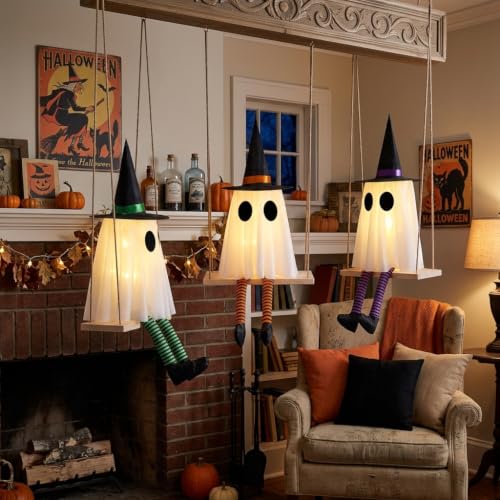 Halloween Swinging Ghost Outdoor Decor, Spooky Hanging Ghosts Decorations | Set of 3, Timer Function, Remote Control, Unique Ghost & Witch Fusion Design, Solid Wood, 29.5Inches Height