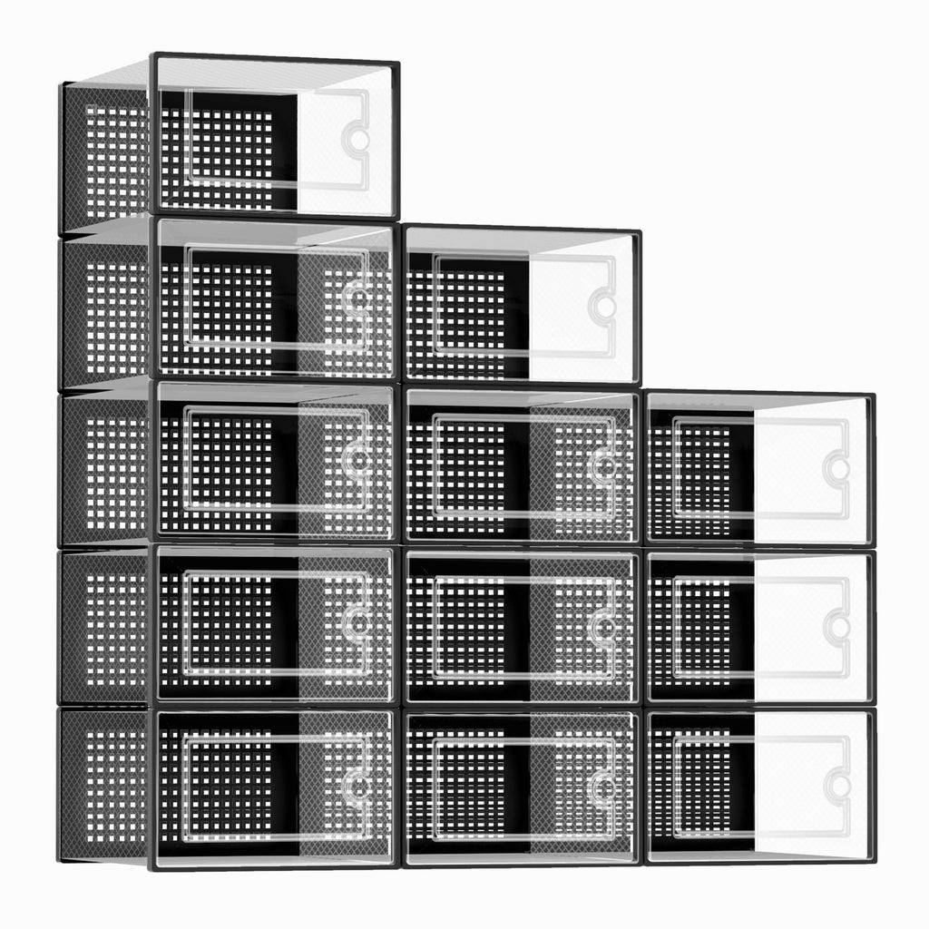 Kuject X-Large Shoe Storage Boxes 12 Pack, Clear Stackable Shoe Organizer | Drop-Front Space-Saving Shoe Cases for Closet, Entryway & Under-Bed Storage, Family Organizer,Black