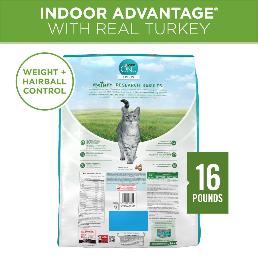 Purina ONE Indoor Advantage Weight Control Dry Cat Food, 16 lb Bag | Made with real turkey and 10% less fat, plus antioxidants and fiber to help minimize hairballs and aid in weight control