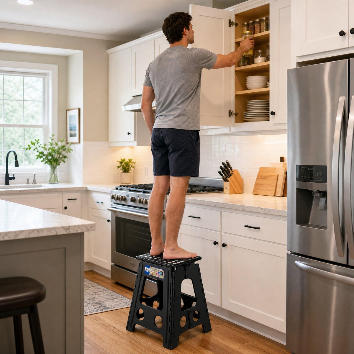 ACKO 16 Inch Folding Step Stool with Safety Lock, Holds 400 lbs, Black | Portable Foldable Stools with Handle, Heavy Duty Collapsible Non-Slip Foot Stool for Adults & Kids, Kitchen Bathroom Outdoor