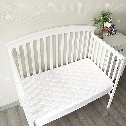Crib Mattress Protector Sheets Fitted Waterproof Crib Mattress Pad Cover | Quilted Improved Thickness Machine Washable Noiseless 52” x 28” White Fit for Standard Crib Toddler Bed Mattress up to 9”