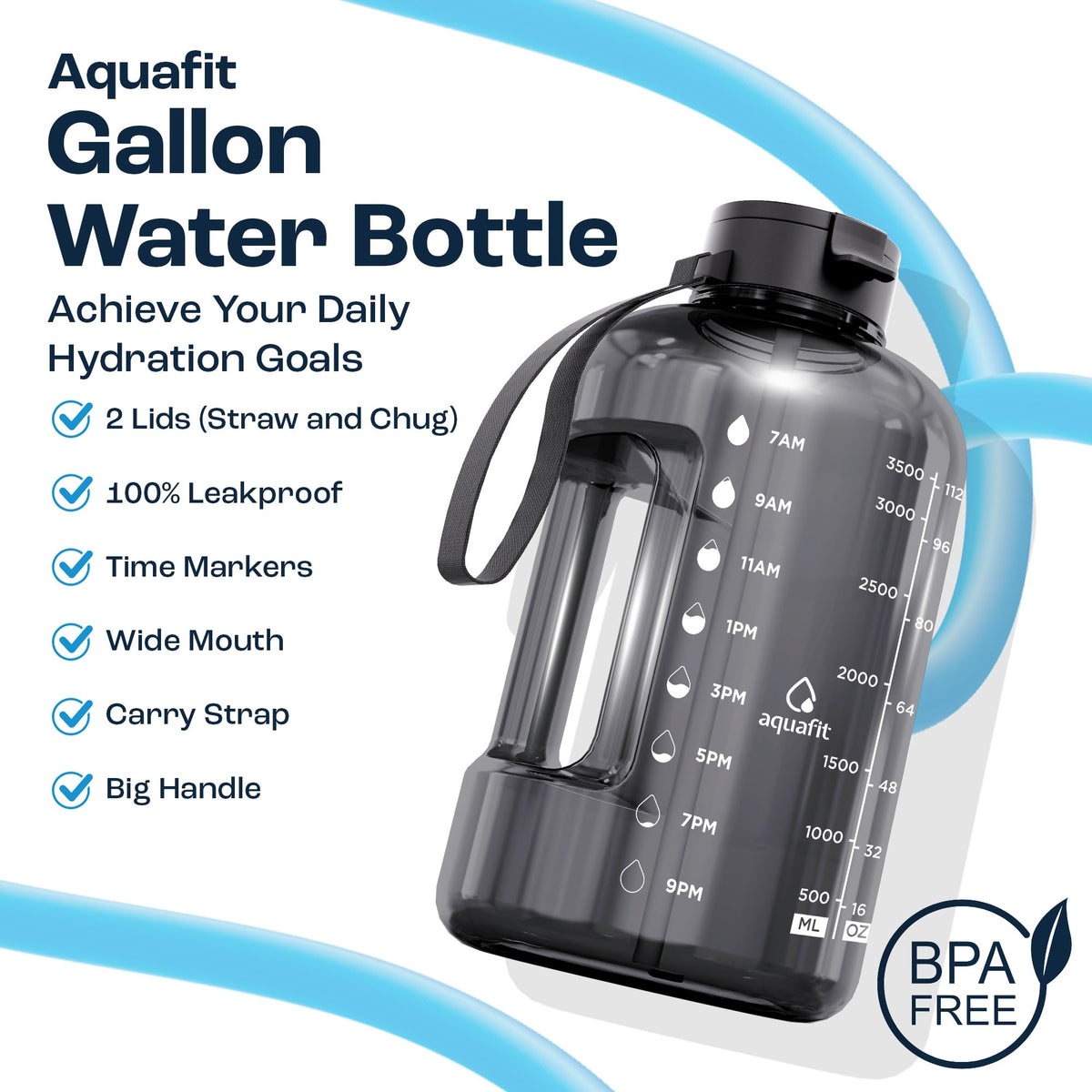 AQUAFIT 1 Gallon Water Bottle with Time Marker | BPA Free 128 oz Water Bottle with Straw and Chug Lids - Leakproof Gym Water Bottle with Carry Handle (Gray)