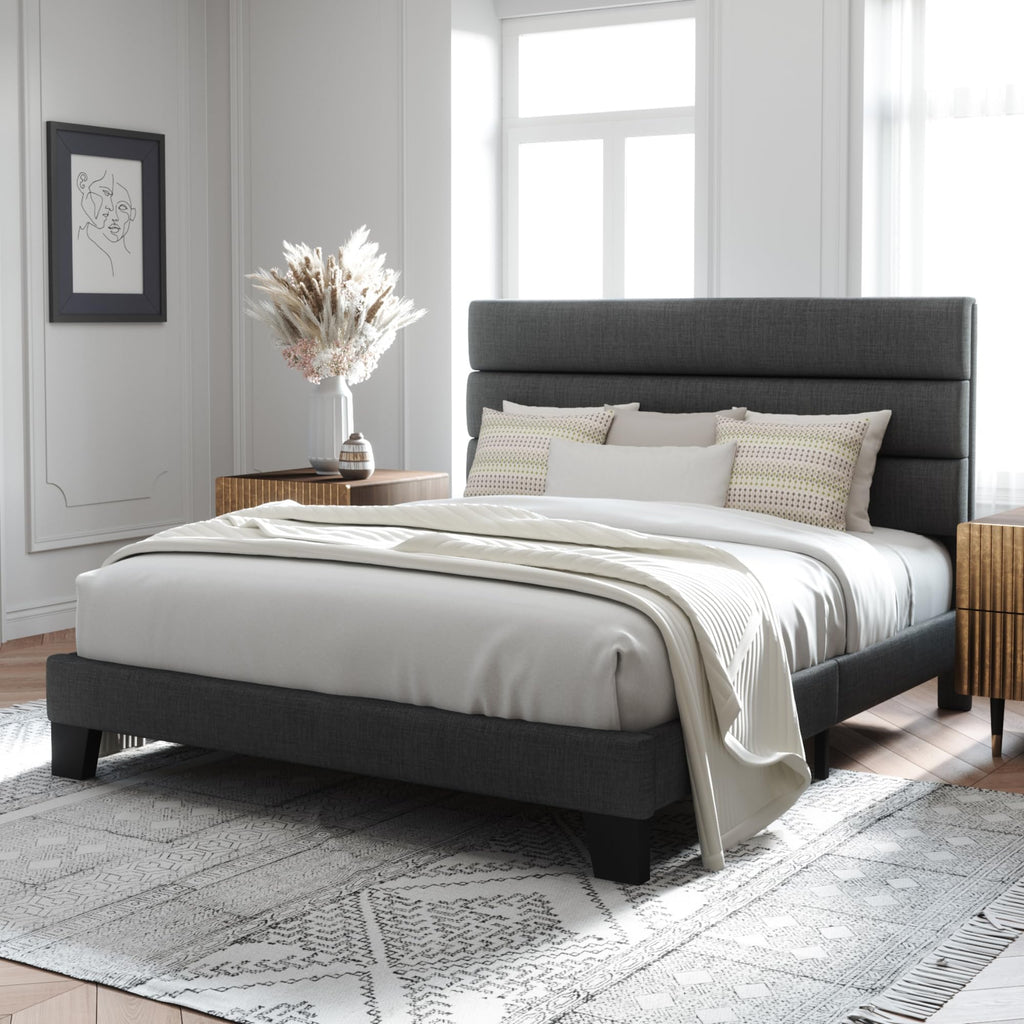 Allewie Queen Size Platform Bed Frame with Fabric Upholstered Headboard | Wooden Slats Support, Fully Upholstered Mattress Foundation, No Box Spring Needed, Easy Assembly, Noise-Free, Dark Grey