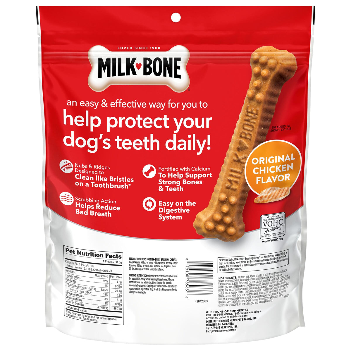 Milk-Bone Brushing Chews Large Daily Dental Dog Treats, 33.7 oz Bag | 25 treats, chicken flavored, VOHC accepted dental chews, helps clean teeth and freshen breath, for large dogs 50 lbs and up
