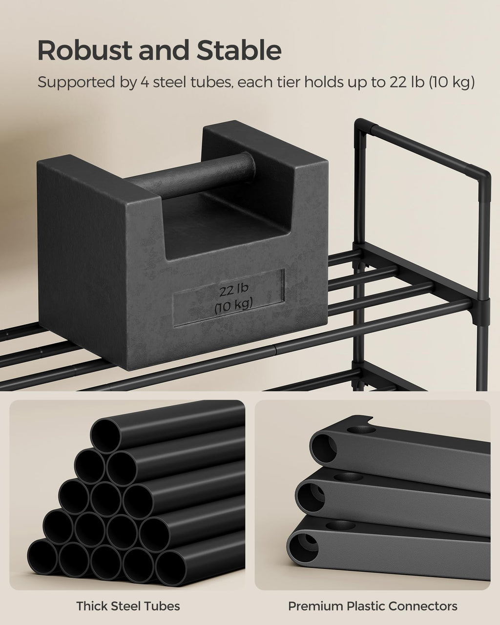 SONGMICS Shoe Rack, 3-Tier Shoe Organizer, Metal Storage Shelf | for Entryway, Upright or Upside Down, for 16-20 Pairs, Stackable, 11.8 x 36.2 x 21.7 Inches, Black ULSA303B02