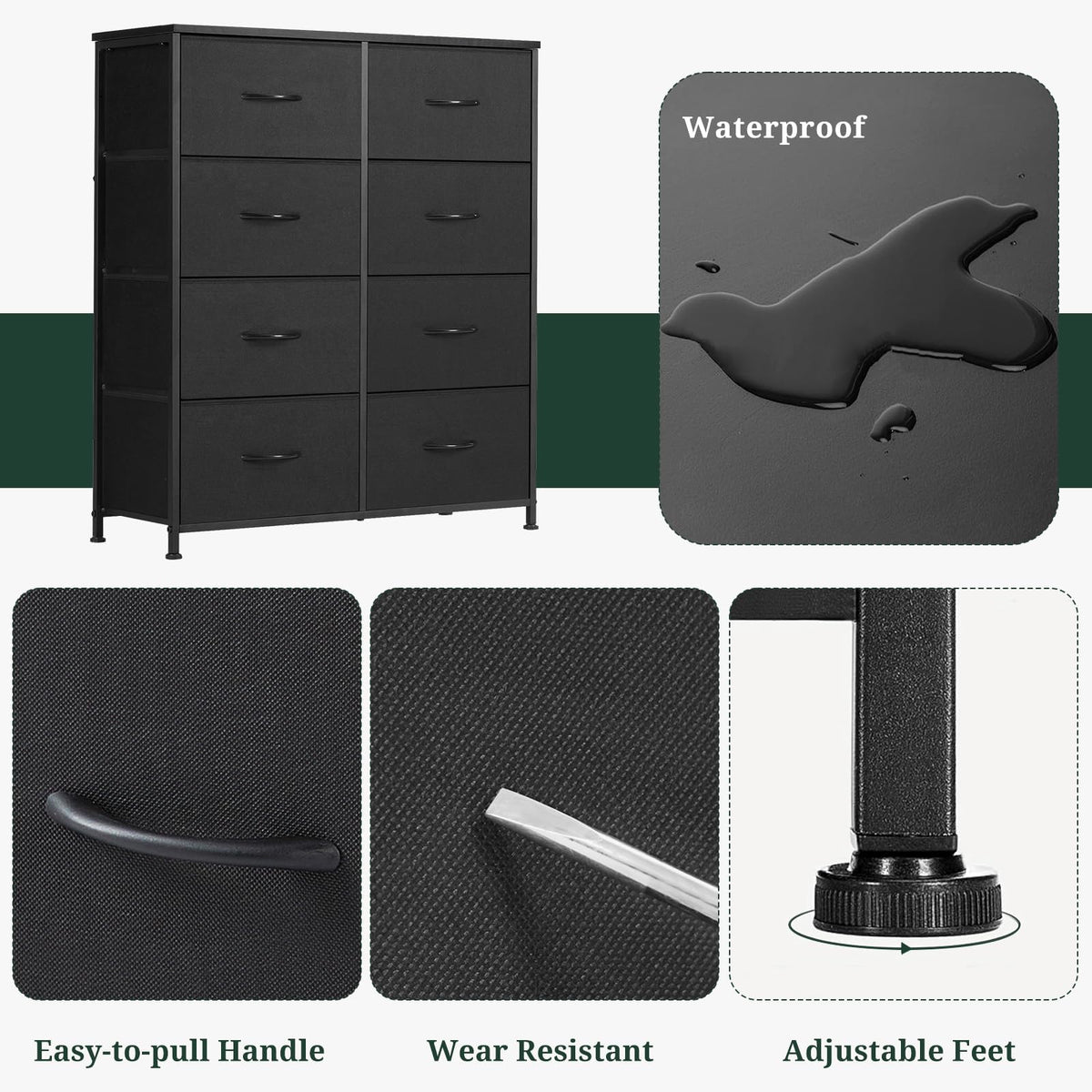 8-Drawer Dresser for Bedroom, Anti-Tip Tall Storage Organizer | Chest of Drawers with Wooden Top and Metal Frame Fabric Bins for Closet, Living Room, Hallway, Entryway, Black
