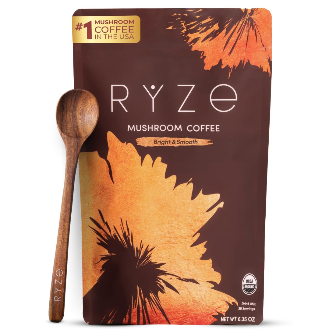 RYZE Organic Mushroom Coffee, Medium Roast, Adaptogenic Blend, 30 Servings | 6 Adaptogenic Mushrooms including Lion's Mane, Turkey Tail & Cordyceps, Made with Organic Coffee, Gluten Free, Vegan