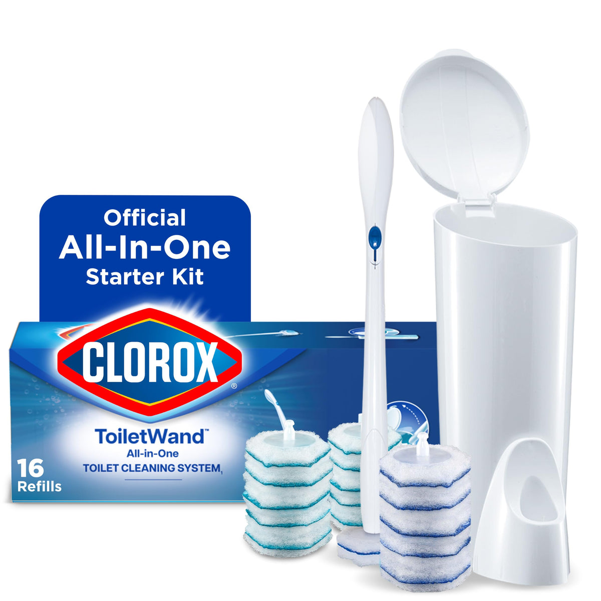 Clorox ToiletWand Toilet Cleaning Kit, 1 Starter Kit with 16 Refill Heads | 3-in-1 Starter Kit with Toilet Brush Wand, Storage Caddy and Disposable Refill Heads, Kills 99.9 Percent of Germs