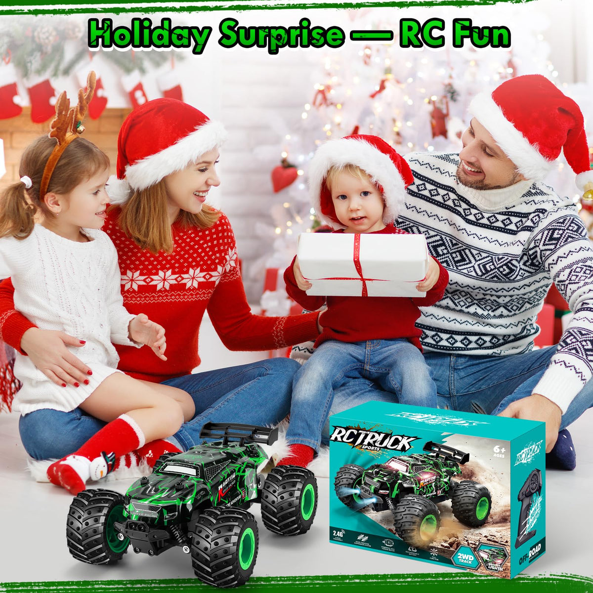 BIFYTON Remote Control Car, All-Terrain Rechargeable Rc Truck Boy Toys | Remote Control Truck with LED Light, 20KM/H, Sturdy PVC Shell, 2-Batteries, Toys for Boys 4-7 8-12 Beginner, Birthday Green
