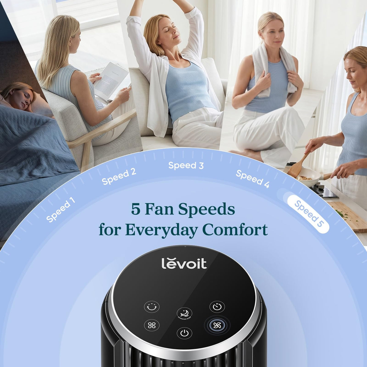 Levoit Tower Fan for Bedroom, 28ft/s Fans that Blow Cold Air, 28dB Quiet | Standing Floor Fan for Room, 90° Oscillating, 5 Speeds 4 Modes & Temp Sensor, Bladeless, 12H Timer, Remote, 36 inch, White
