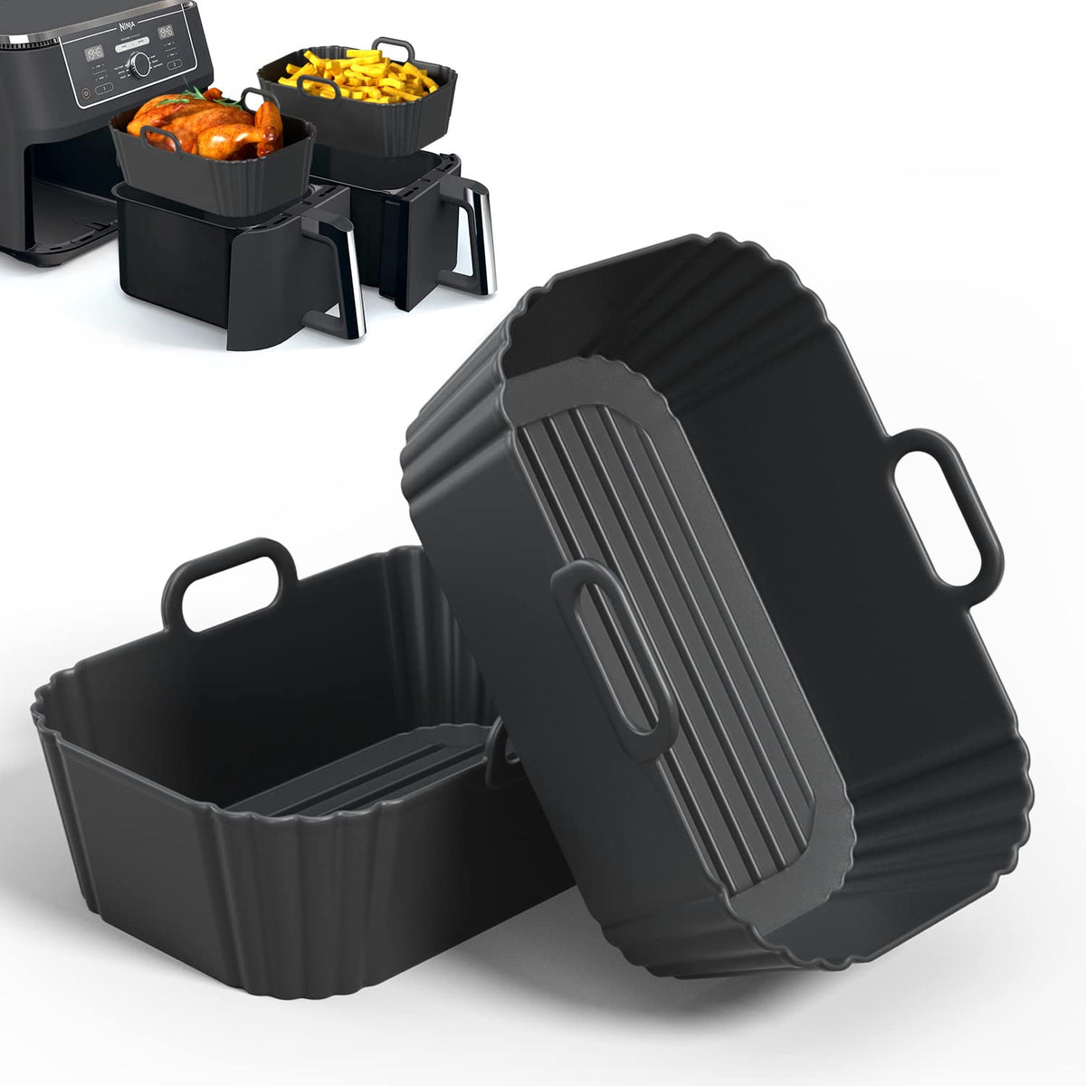 PINTAUR Silicone Air Fryer Liner 2 Pack for 7.6L 8L 9L 9.5L Dual Baskets | Reusable AirFryer Accessories Compatible with Ninja Dual AF300UK AF400UK/KCP AF451UK, Tower T1708, COSORI, Instant, Keplin