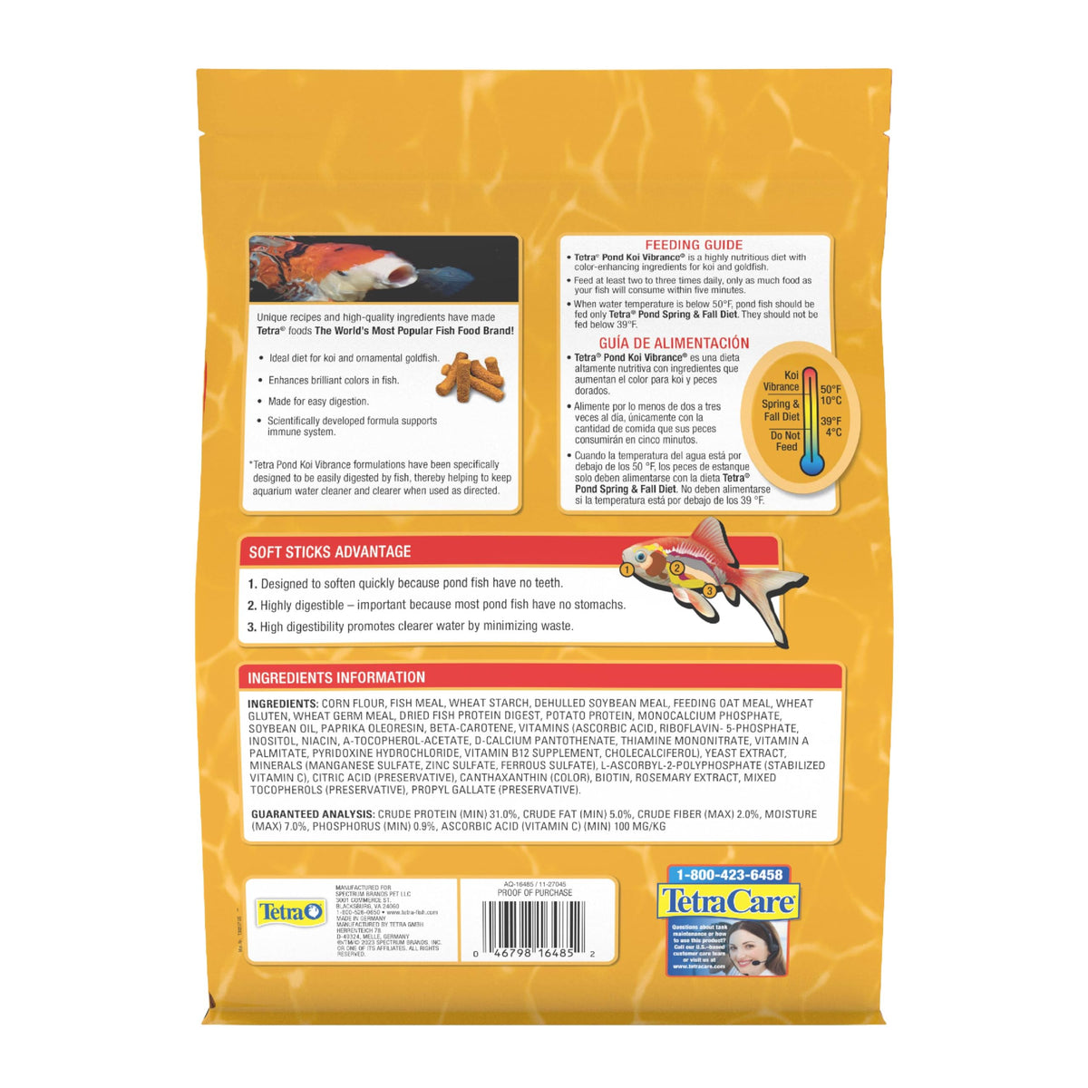 Tetra Pond Koi Vibrance Soft Sticks, Floating Pond Fish Food, 2.42 lbs | Daily Diet for Koi Fish and Ornamental Goldfish, Feed When Water is Above 50 Degrees, Highly Digestible, Clean & Clear Water