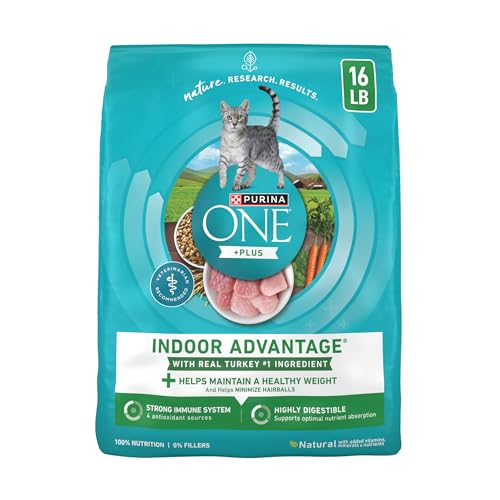 Purina ONE Indoor Advantage Weight Control Dry Cat Food, 16 lb Bag | Made with real turkey and 10% less fat, plus antioxidants and fiber to help minimize hairballs and aid in weight control