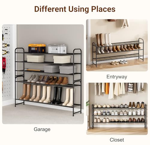 KEETDY 3-Tier Long Shoe Rack for Closet Metal Shoe Organizer for Entryway, Wide Stackable Shoe Storage Shelf with Sturdy Wire Grid for Closet Floor, Bedroom, Black